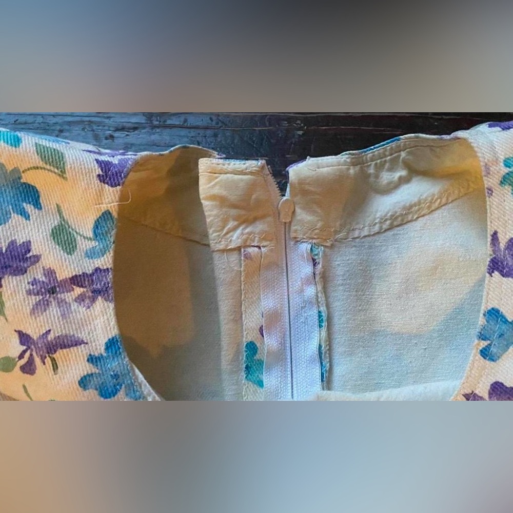 Vintage 60’s Handmade Blue Purple White Floral Cotton Twill Denim Midi Dress - Picture 4 of 5